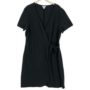 J Crew Wrap Mini Dress Women's Size Large Black Solid Skater Short Sleeve V-Neck